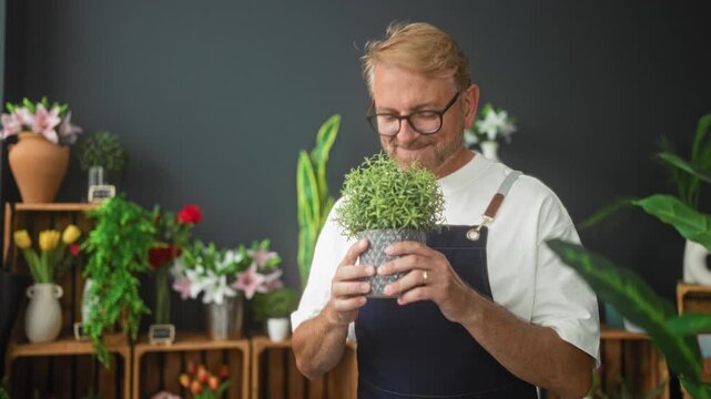 Man florist in apron holds a potted plant with both hands, lifts it toward his nose while smiling in studio; contentment care.