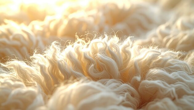 Close-up view of fluffy, cream-colored fibers bathed in soft, warm light.