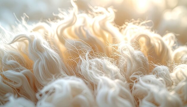 Close-up of soft, flowing, white threads illuminated by warm light.