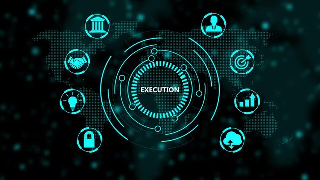 Digital business execution strategy concept with animated global network and data hud interface technology