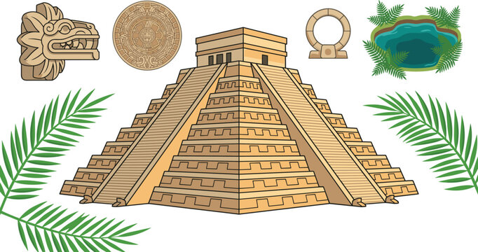 Ancient Maya Chichen Itza Pyramid Vector Set with Kukulkan Serpent Head Aztec Calendar Cenote and Palm Leaves for Mexico Travel Graphic Designs