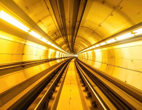 A dramatic perspective of a brightly lit subway tunnel.