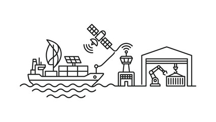 Fototapeta premium Smart Shipping Logistics Technology with Container Ship, Satellite, and Automated Warehouse