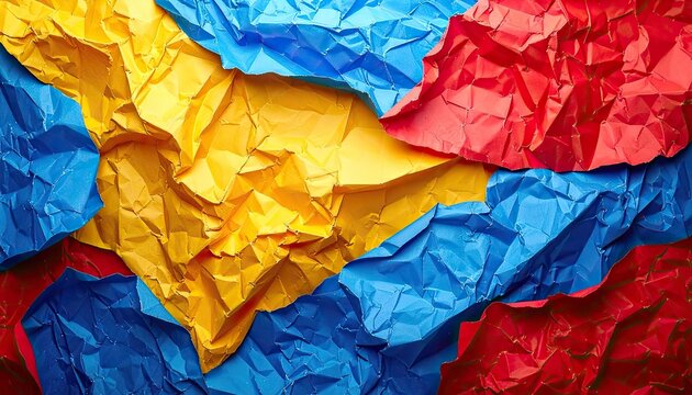 Vibrant crumpled paper in red, yellow, and blue.