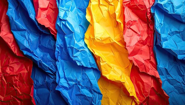 Bold colors of crumpled paper create an abstract textured background.