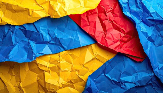 Abstract arrangement of crumpled colored paper layers.