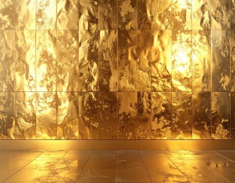 A stunning background of a textured gold wall and floor reflecting light.