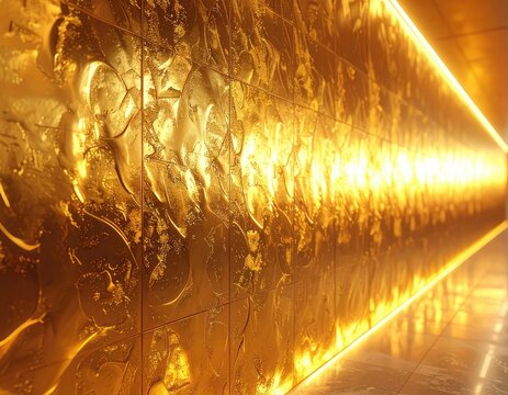 A luxurious golden hallway with textured walls and ambient lighting.