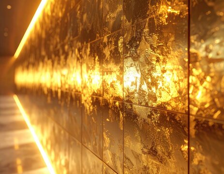 A wall with a textured golden surface illuminated by a bright light source.