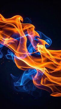 Vibrant abstract swirls of orange fire and blue smoke dance against a dark background.