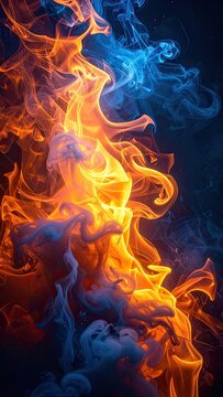 Abstract representation of contrasting fiery orange and cool blue smoke.