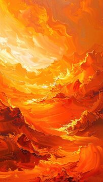 An abstract expressionist painting with intense orange and yellow hues.