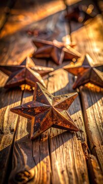 Rustic metal stars cast a warm glow on weathered wooden planks.