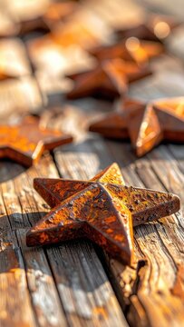 A close-up shot of rusty metal star ornaments on a wooden surface.