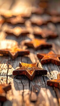 Close-up of Rusted Star-Shaped Objects on a Wooden Surface