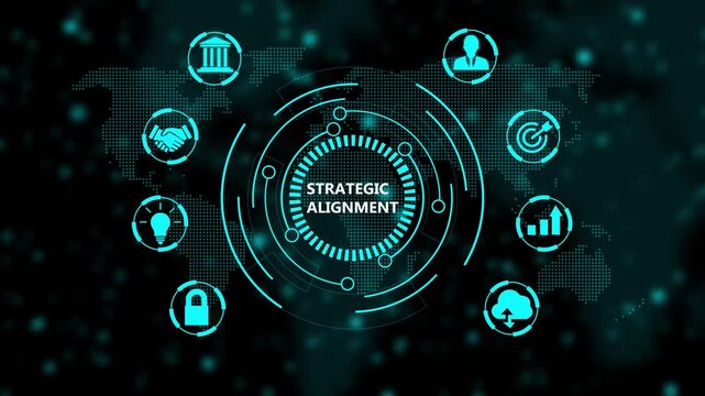 Strategic alignment concept with digital map and business animation for corporate growth and global management strategy