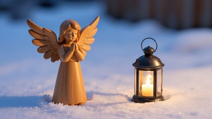 Obraz premium Angel with Lantern on Snow: A wooden angel figurine stands in the snow next to a lit lantern, creating a serene and peaceful winter scene.