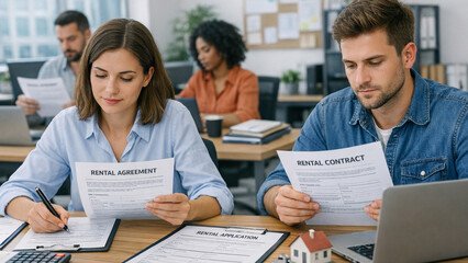 Fototapeta premium Two adults in an office environment reviewing documents with a pen and paper.