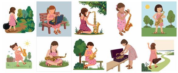 Set of illustrations featuring a cute little girl playing the saxophone in various outdoor park and nature settings.