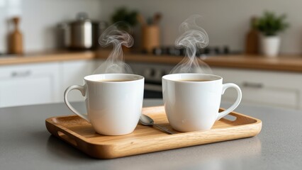 Fototapeta premium Two Steaming Mugs of Coffee: Two white mugs filled with hot coffee, emitting steam, sit on a wooden tray on a kitchen counter, inviting a moment of warm indulgence.