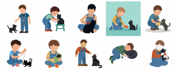Set of vector illustrations of young boys caring for black kittens, playing veterinarian, feeding, and bonding with pets.