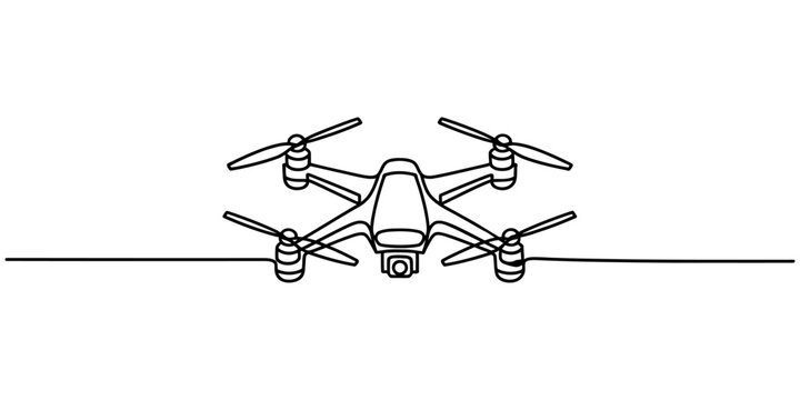 Continuous single line drawing of a flying drone quadcopter with camera Vector, illustration