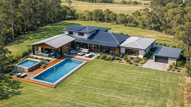 This spacious house features a large modern design, a private swimming pool, and solar panels on the roof for energy efficiency. The property is surrounded by greenery and set in a serene landscape.
