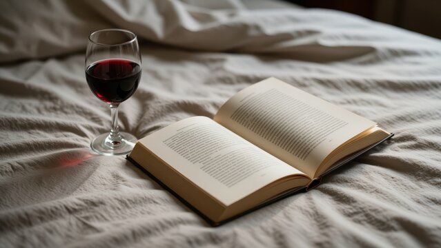 Cozy Evening: A glass of red wine rests beside an open book on a rumpled bed, inviting a moment of quiet relaxation and escapism.