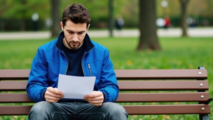 Obraz premium Pensive Man Reading Letter on Park Bench: A pensive man with a beard, wearing a blue jacket, sits on a wooden park bench, engrossed in reading a letter.