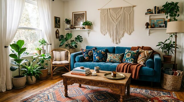 Cozy living room with blue sofa.