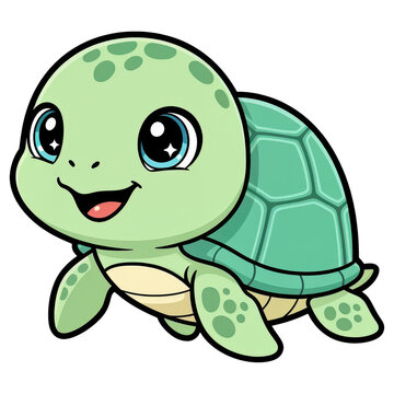 Cute Cartoon Turtle: A charming cartoon turtle with big, expressive eyes and a friendly smile swims playfully, showcasing its vibrant green shell and adorable design.