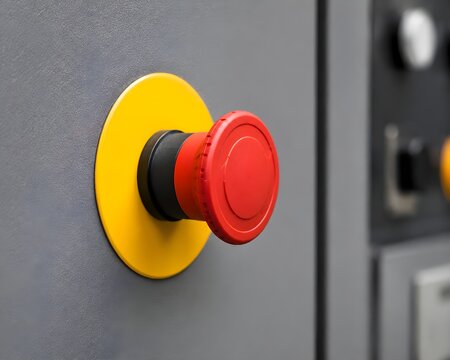 Industrial emergency stop button on control panel representing machinery safety and operational protection solutions