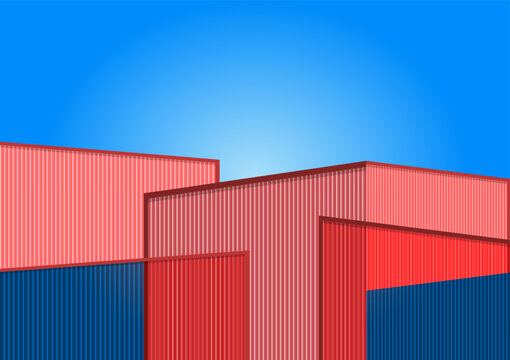 Red and blue corrugated metal abstract interlocking geometric shapes against a clear blue background