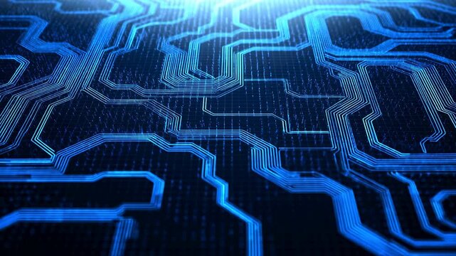 Neon blue circuit pathways forming across dark grid plane under cyan light, creating futuristic digital network with glowing lines, depth, symmetry, cool contrast