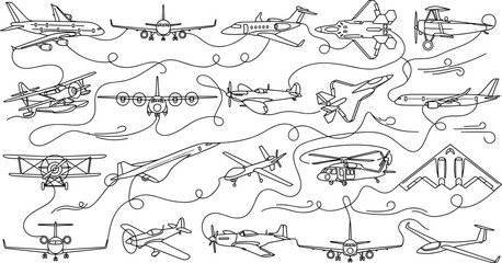 Airplane and Aviation Vector Outline Icon Set Featuring Passenger Jets Military Fighters Helicopters Drones and Vintage Biplanes for Flight Graphic Designs © MDFiroj