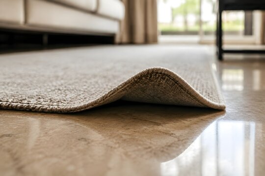 Loose rug corner creating trip hazard on polished living room floor, household accident prevention awareness