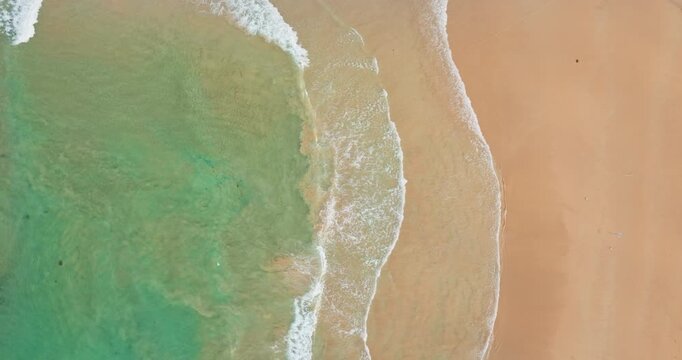 Expansive orange sand beach and turquoise ocean waves rolling onto the shore, offering a tranquil scene of summer vacation and relaxation. Nature travel background. Manly Beach. Aerial top down view
