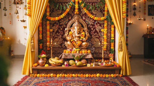 Ganesha Chaturthi (Start): Traditional Indian home decorated with torans, mango leaves, and rangoli for first day of Ganesh festival,