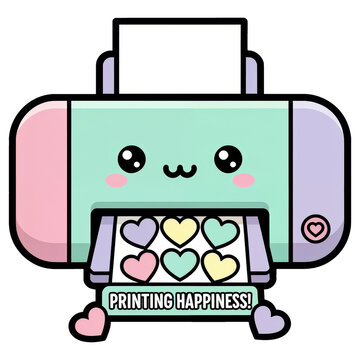 Cute Printer Printing Hearts: An adorable, Kawaii-style printer with a cheerful face is joyfully printing colorful heart shapes, embodying the essence of 'Printing Happiness!'
