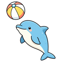 Naklejka premium Dolphin Playing with Beach Ball: A cute, cartoon-style blue dolphin is jumping out of the water to play with a colorful beach ball in a simple, playful scene.