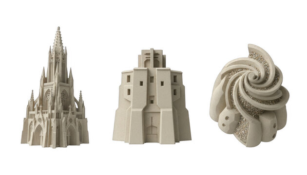 Three Intricate Sand Sculptures of Architectural Buildings and Shapes