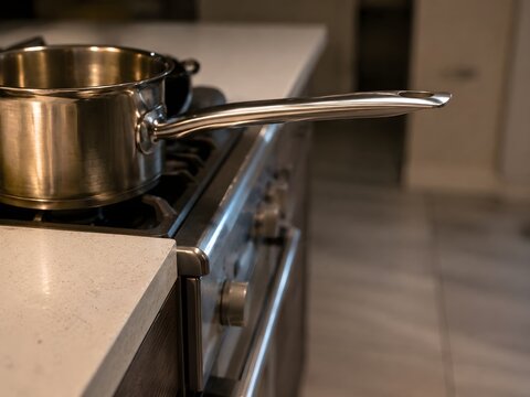 Cooking pot handle extending dangerously beyond edge of stove, kitchen fire risk prevention awareness scene