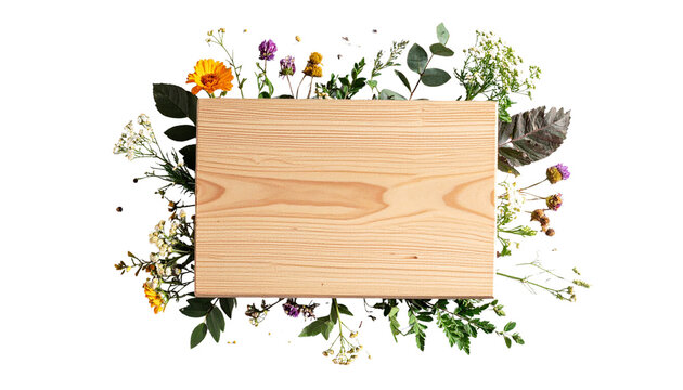 A rustic blank wooden sign board surrounded by delicate wildflowers, small green leaves, and natural branches, smooth empty central surface for future customization, isolated on transparent background