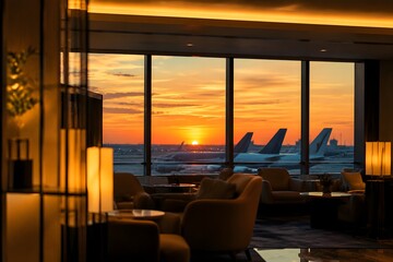 Fototapeta premium Premium airport lounge window framing aircraft tail silhouettes at sunset, warm interior lighting, cinematic travel