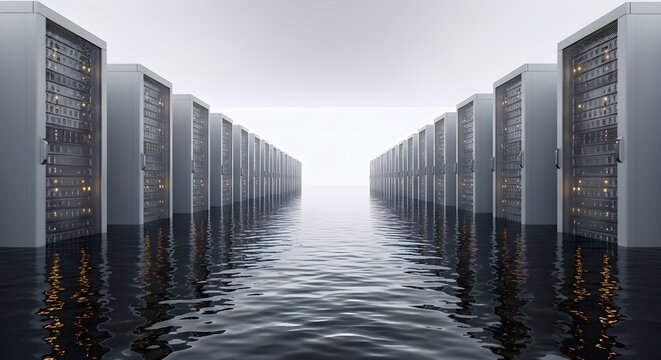 Flooded Data Center Infrastructure Representing Critical IT System Failure and Emergency Disaster Recovery