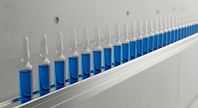 Pharmaceutical Glass Ampoules Filled with Blue Liquid Proceeding along an Automated Production Line
