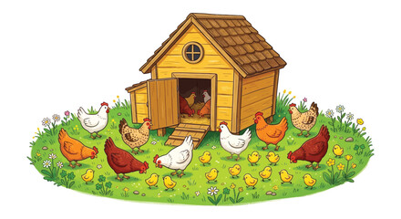 Chicken coop with hens and chicks illustration featuring a rustic wooden structure and grassy foreground henhouse poultry © Sagor