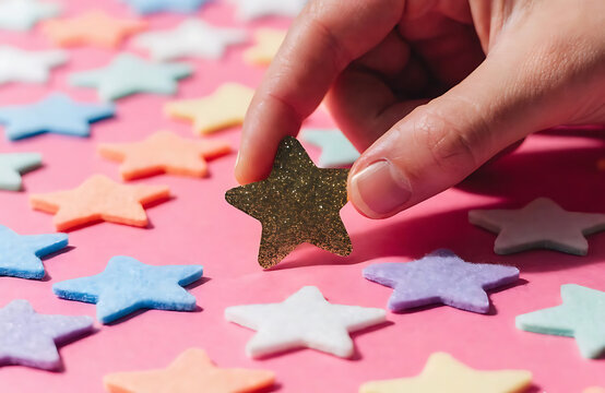 Hand picking a gold craft star against vibrant pink background with colorful stars