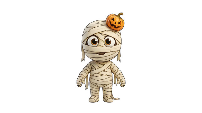 Cute Halloween mummy character illustration, adorable cartoon mummy with a festive pumpkin on its head, spooky season graphic for children's content, fun holiday design element