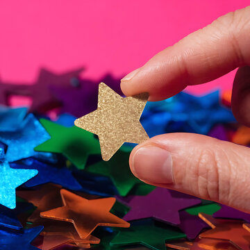 Hand picking a gold craft star against vibrant pink background with colorful stars